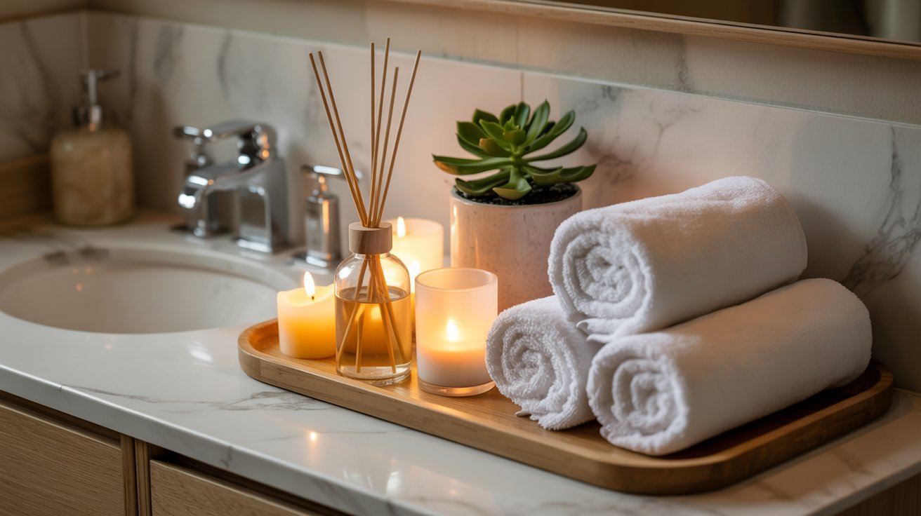 A serene bathroom scene with candles and towels on a wooden tray. A succulent plant adds greenery beside the sink, set on a marble countertop.