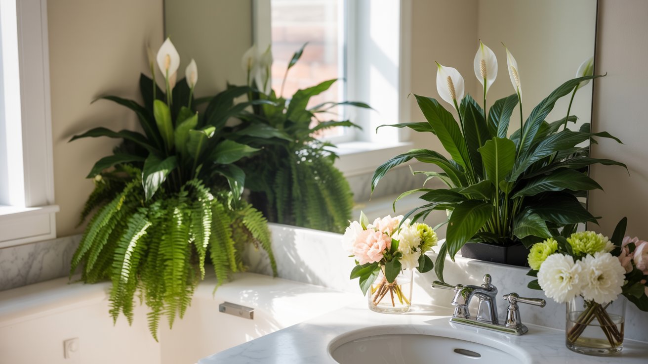 A serene bathroom scene with lush green plants, white lilies, and light pink flowers on a marble counter. Sunlight filters through a window, creating a tranquil atmosphere.