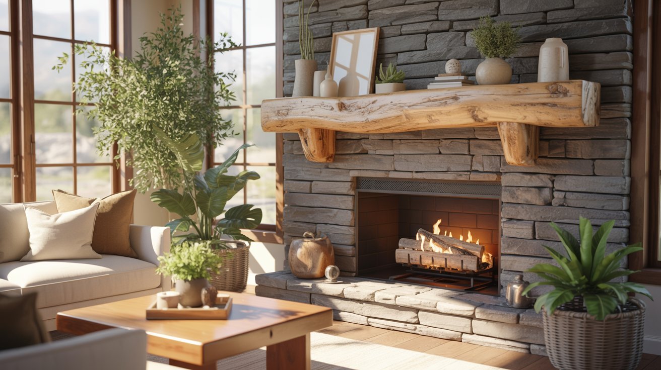 Cozy living room with a stone fireplace, wooden mantel, and lit fire. Sunlit plants and decor on the mantel enhance the warm, inviting atmosphere.
