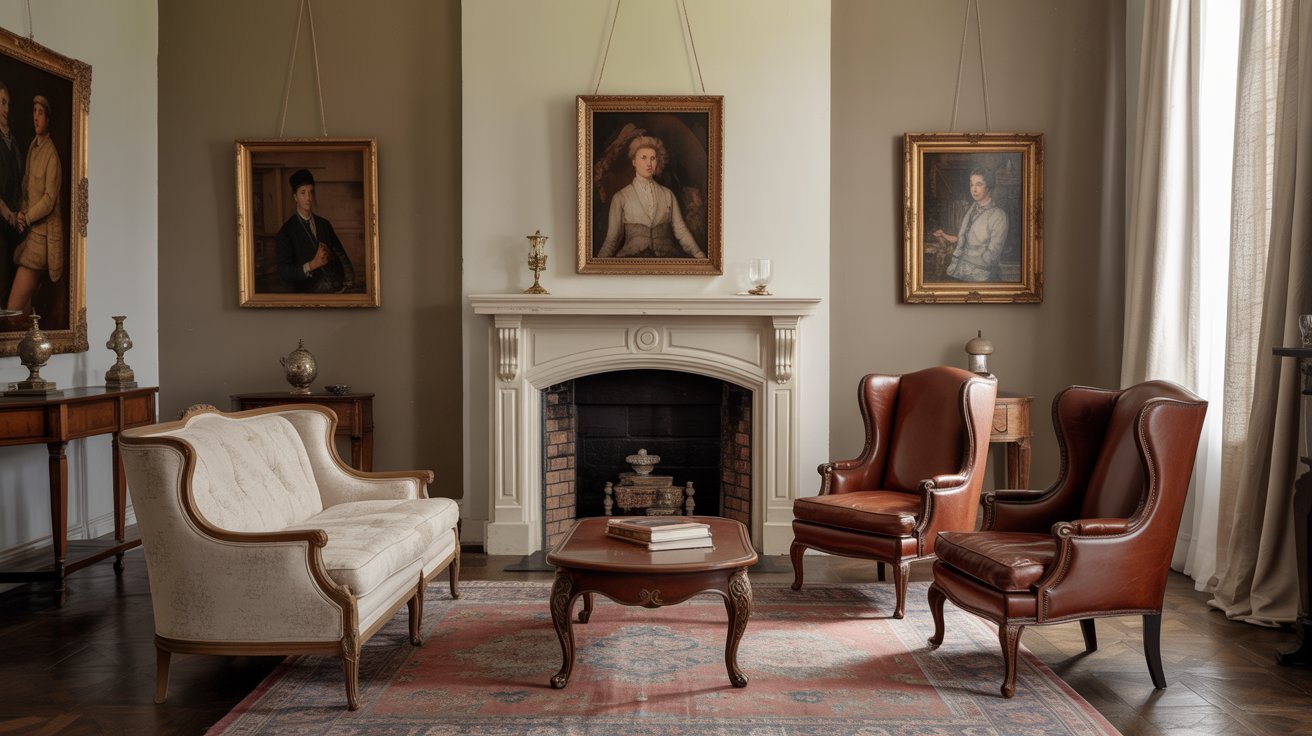 Elegant vintage living room with a white sofa and two brown leather armchairs surrounding a wooden coffee table. Portraits adorn the walls above a classic fireplace, creating a sophisticated, nostalgic atmosphere.