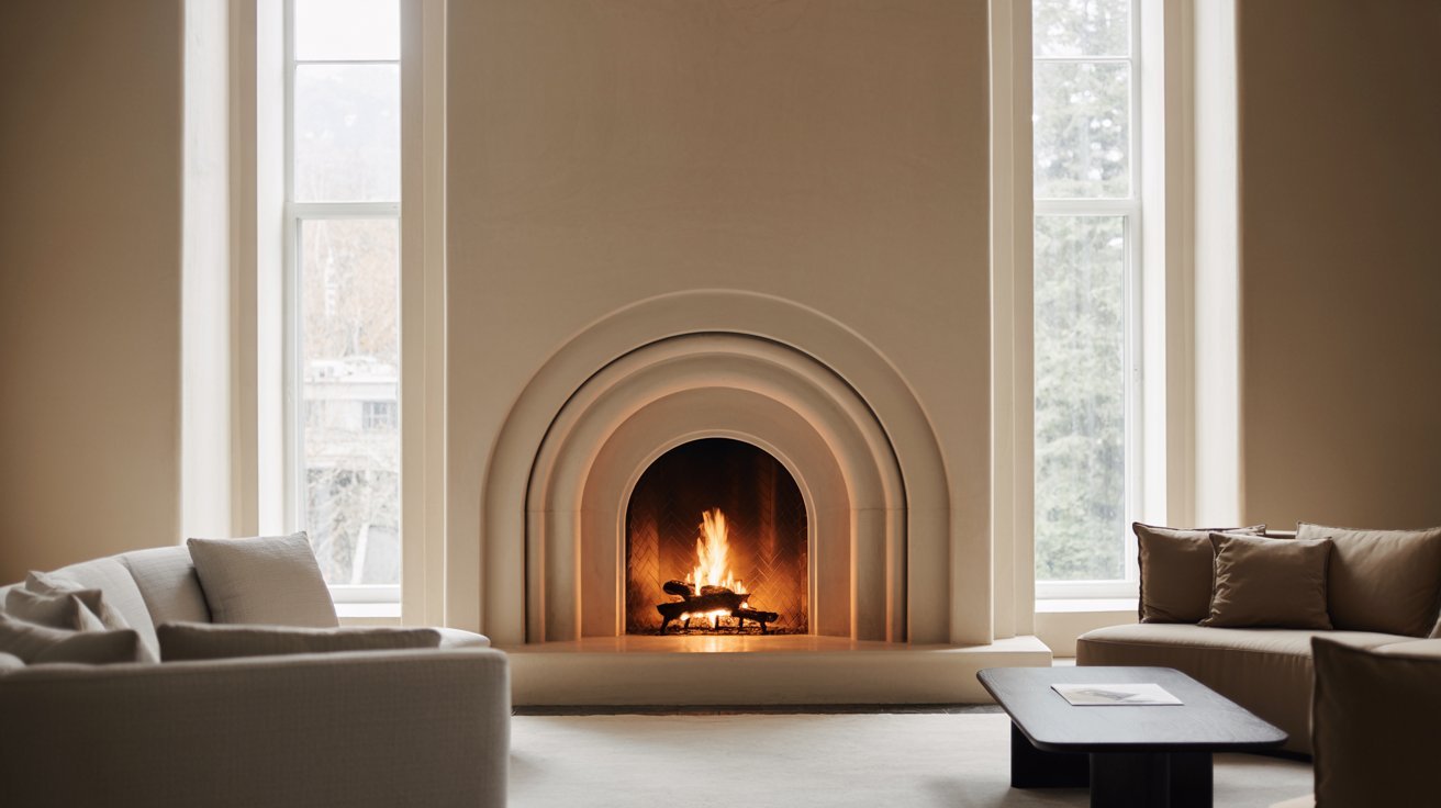 A fireplace situated in a living room, complemented by two windows that enhance the room's brightness.