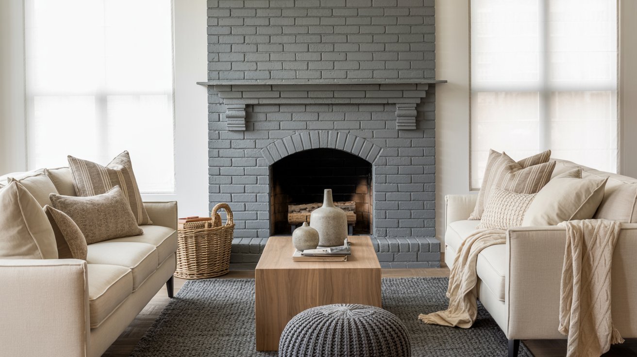 A cozy living room featuring a gray brick fireplace as the focal point, surrounded by comfortable seating.