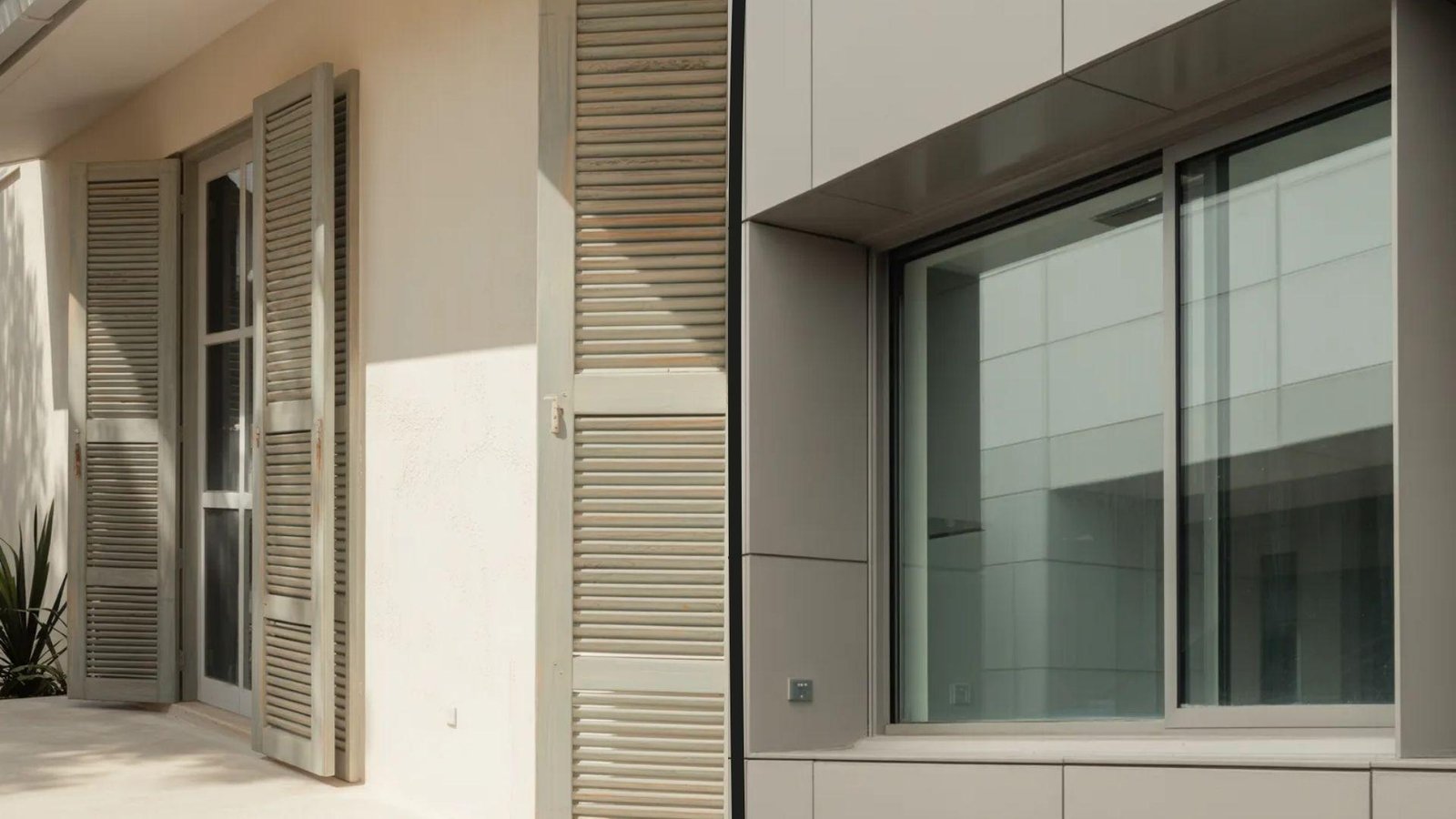 A house featuring decorative shutters and a large window, showcasing a charming architectural style.