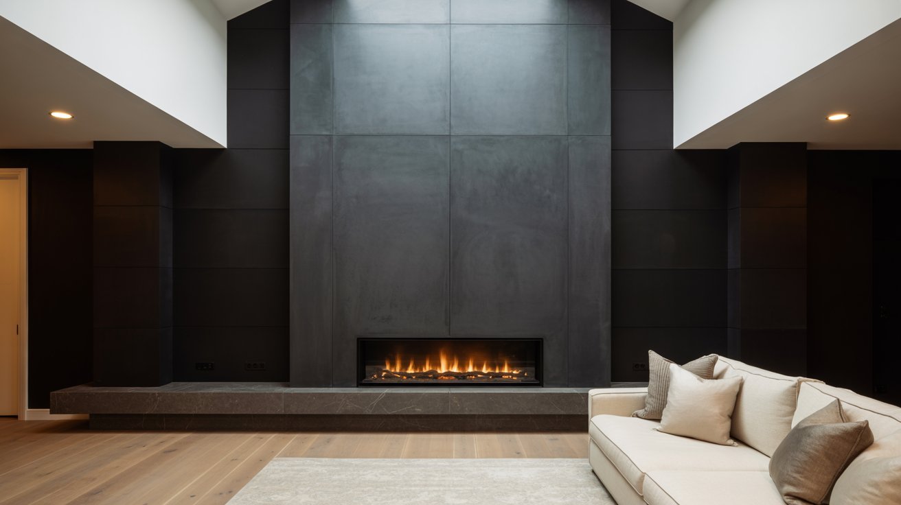 A sleek modern fireplace enhances the contemporary design of a stylish living room.
