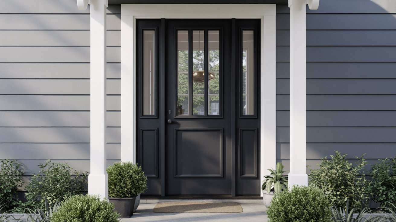 A black door with white trim stands prominently on a white porch, creating a striking contrast in the entrance.