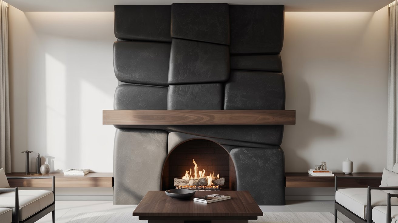 Modern living room with a sculptural black stone fireplace, wooden mantel, and lit fire. Minimalist furniture and decor create a cozy, elegant ambiance.