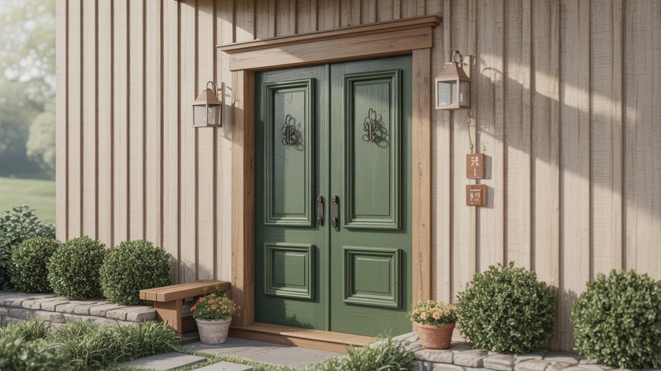 A green door on a house with a textured stone wall, showcasing a charming architectural detail.