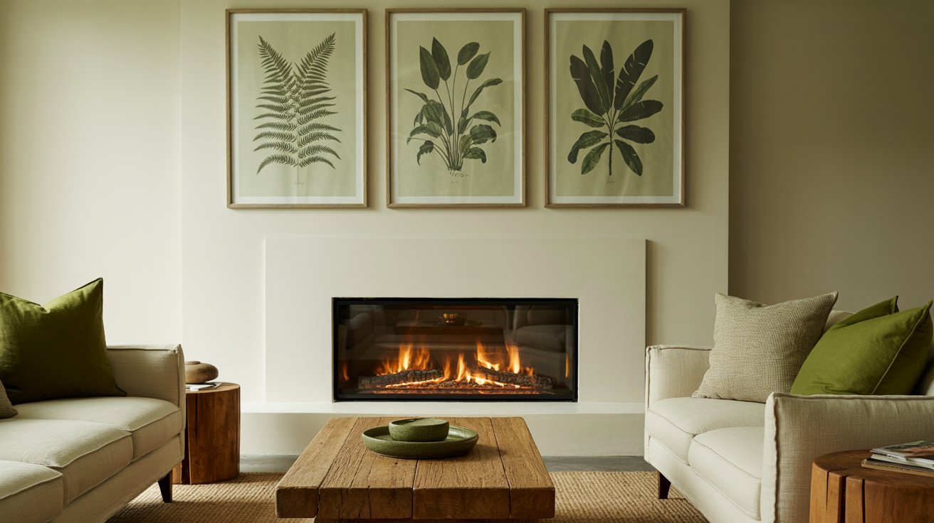 A cozy living room featuring two couches arranged around a warm fireplace.
