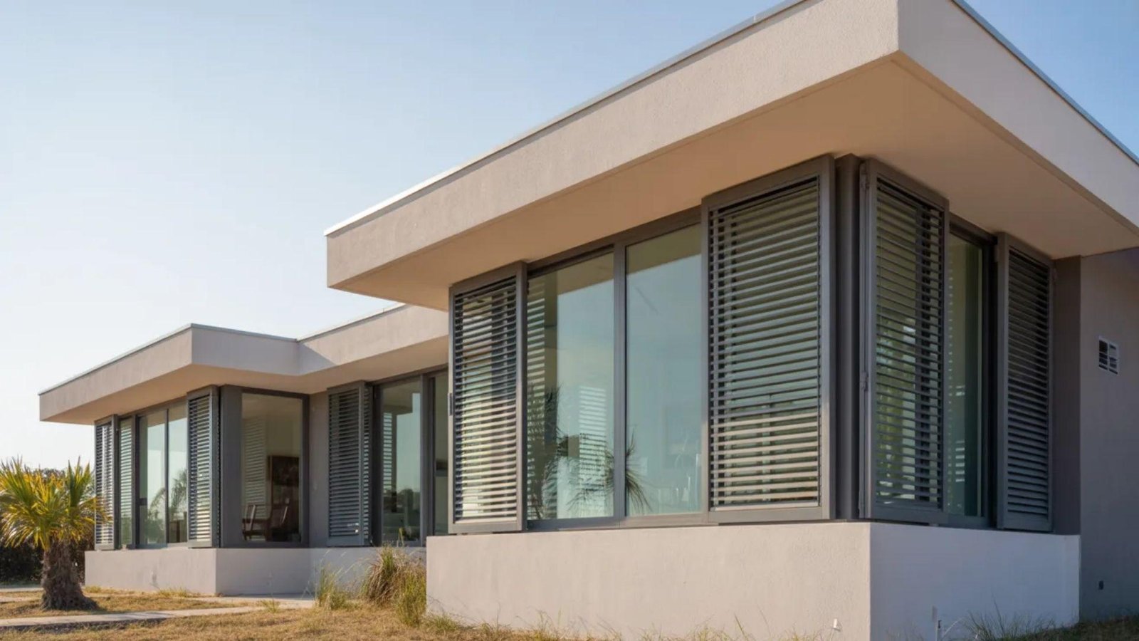 A modern home featuring large windows and stylish shutters, showcasing contemporary architectural design.