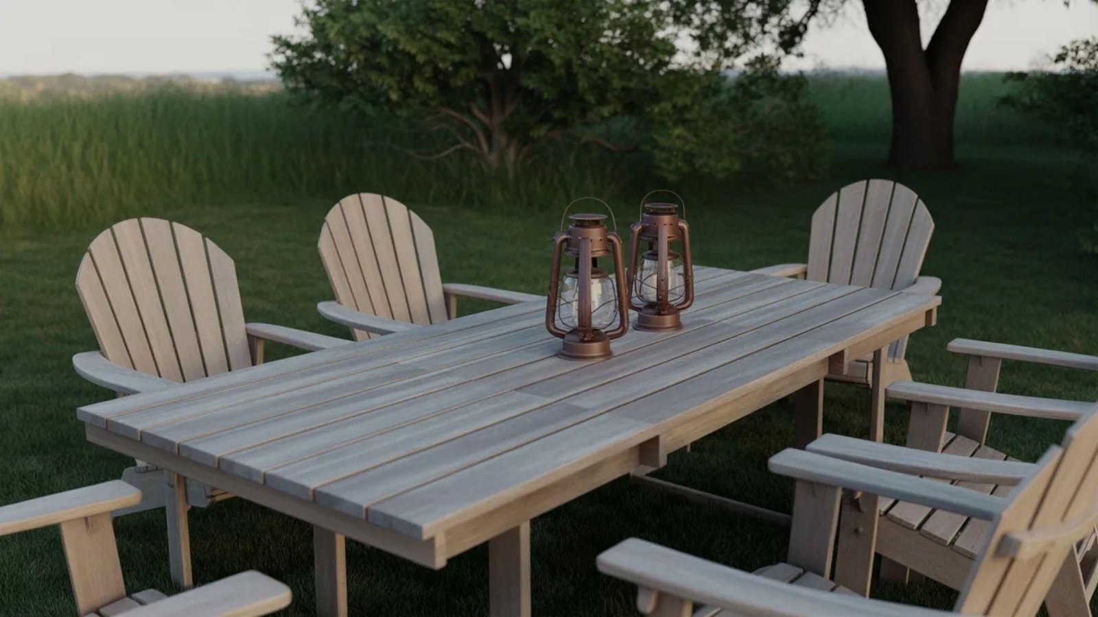 A table and chairs arranged on a grassy area, creating a cozy outdoor dining space.