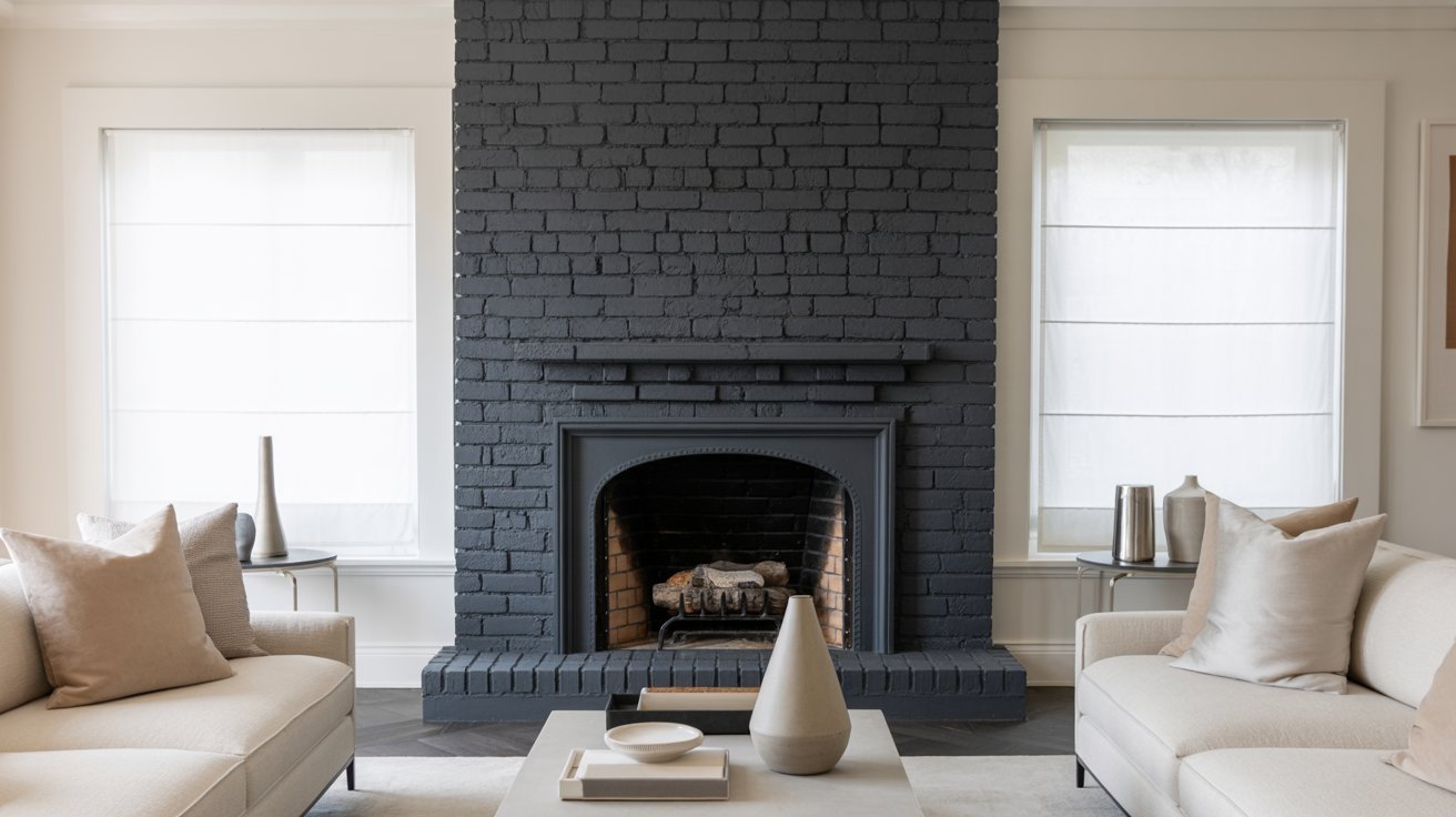A modern living room with a dark gray brick fireplace centered between two white sofas adorned with beige cushions. Neutral decor and soft lighting create a calm ambiance.