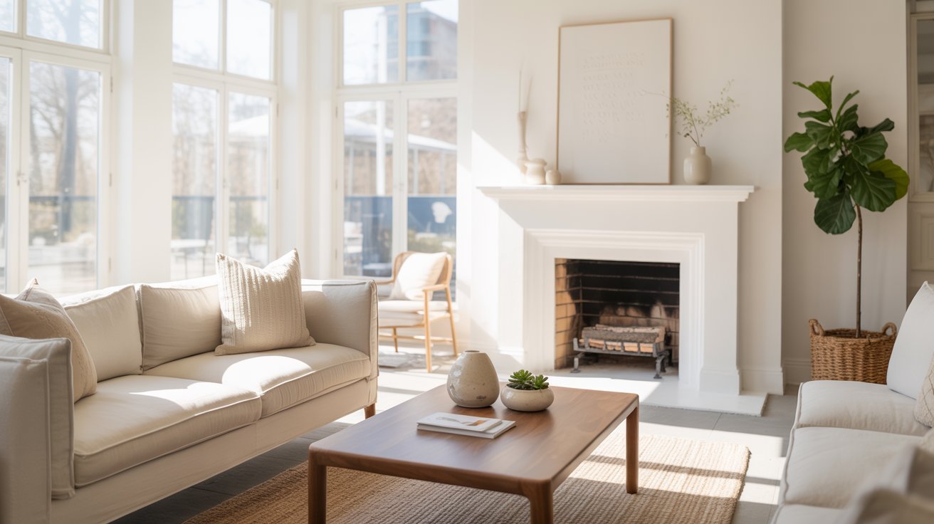 Sunlit modern living room with neutral-toned sofas, a wooden coffee table, and a fireplace. Large windows and a potted plant create a cozy, airy feel.