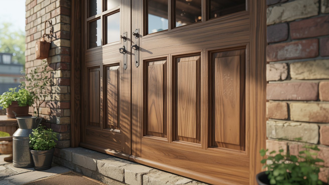 A brown door with a wooden frame stands beside a vibrant potted plant, adding a touch of greenery to the entrance.