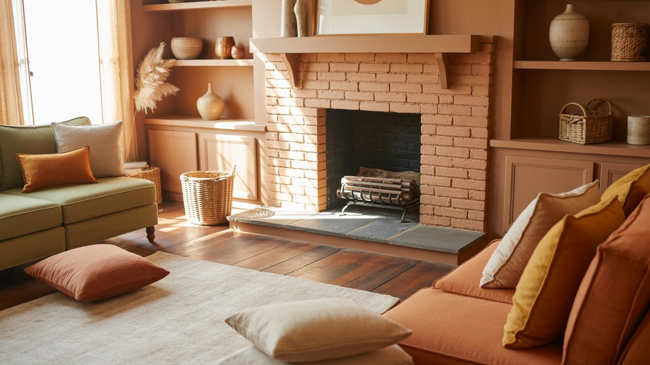 A cozy living room featuring a fireplace and a comfortable couch, creating a warm and inviting atmosphere.