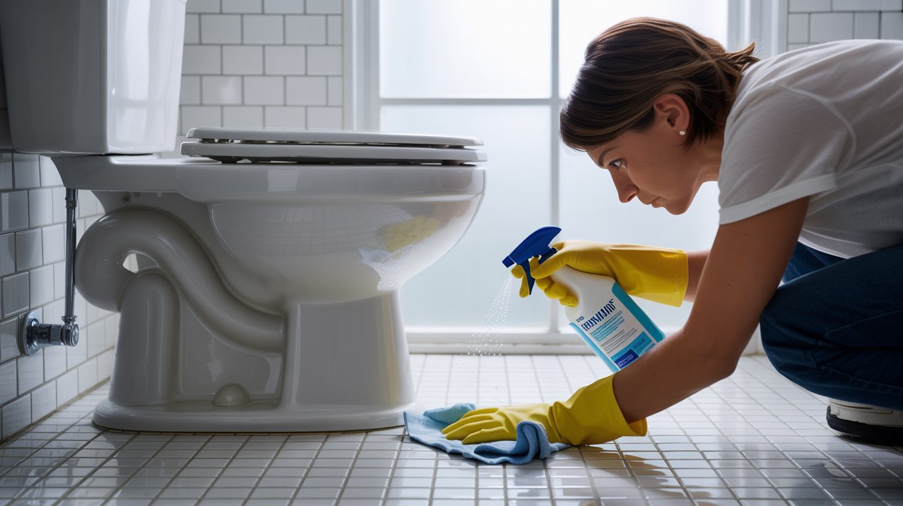 A person wearing yellow gloves crouches beside a toilet, spraying cleaning solution onto a blue cloth on the tiled floor, conveying focus and diligence.