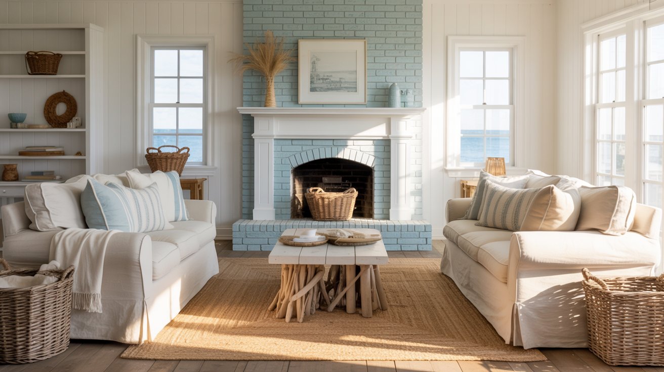 A living room featuring blue brick walls and modern white furniture, creating a stylish and inviting atmosphere.