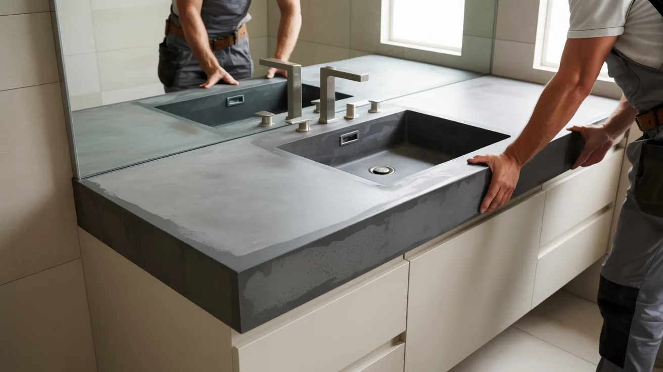A man stands in front of a sink, looking down at the basin with a focused expression.