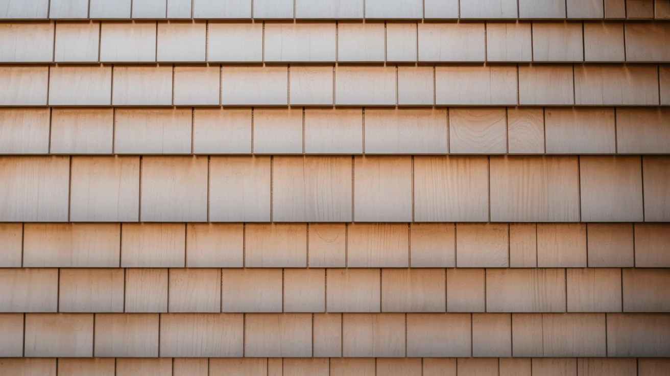 Close-up of a wooden shingle wall showing neat, horizontal rows of rectangular, light brown shingles. The texture conveys a sense of warmth and rustic charm.