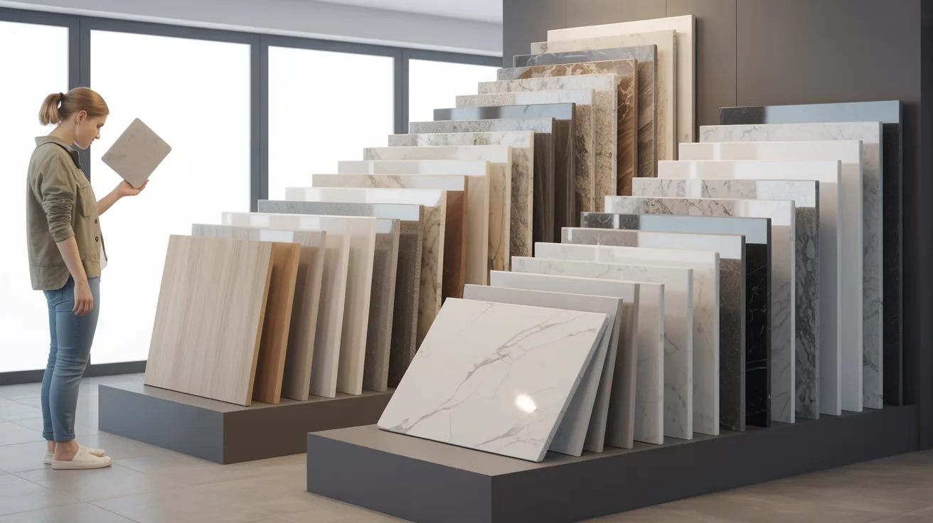 A woman observes an assortment of tiles showcased in a retail setting.