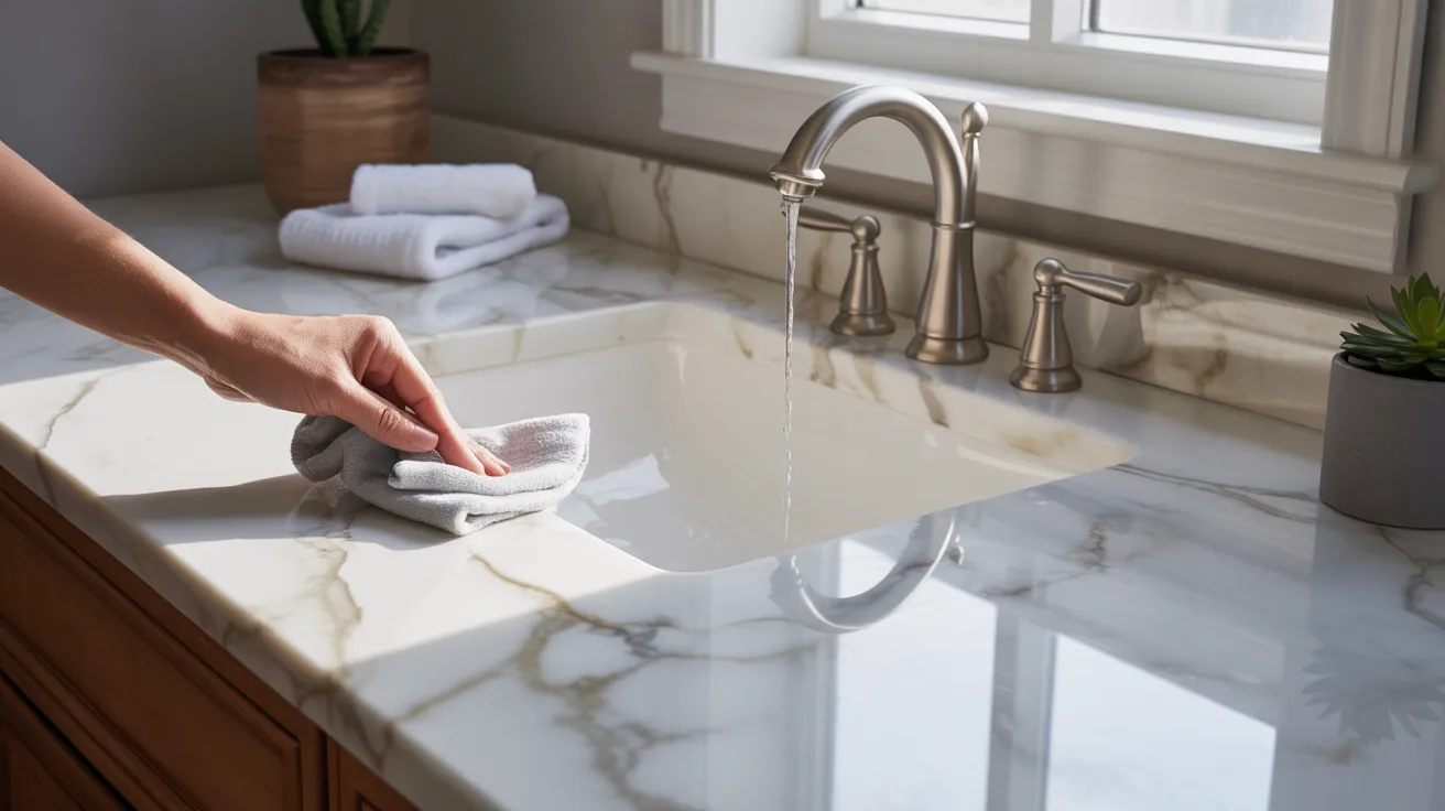 An individual cleaning a marble sink countertop, using a cloth to remove dirt and stains.