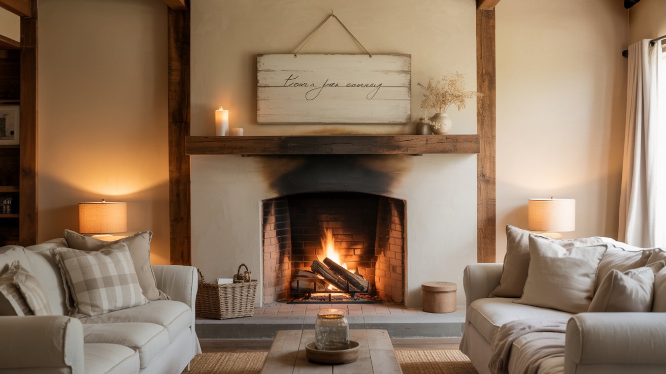 A warm living room scene with a fireplace and two inviting couches for seating.