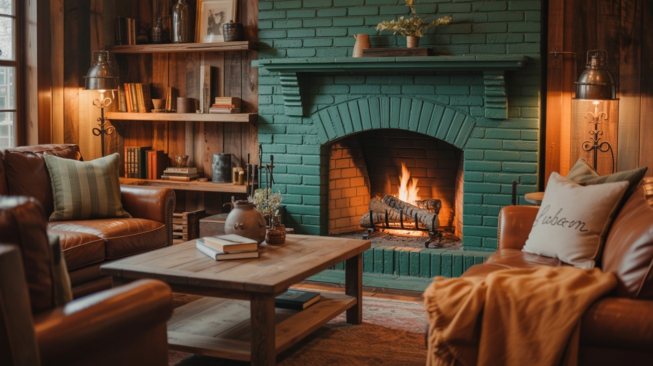 A cozy living room featuring a fireplace and elegant leather furniture, creating a warm and inviting atmosphere.