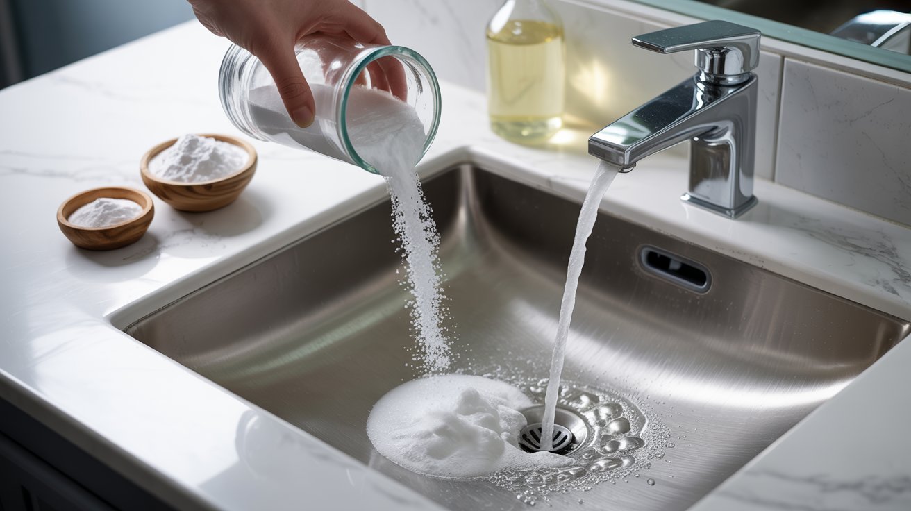 A hand pours white powder from a jar into a stainless steel sink with running water, creating bubbles. Bowls of powder and a bottle are in the background.