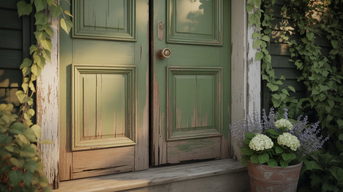 A green door stands on a porch, accompanied by a colorful flower pot beside it.
