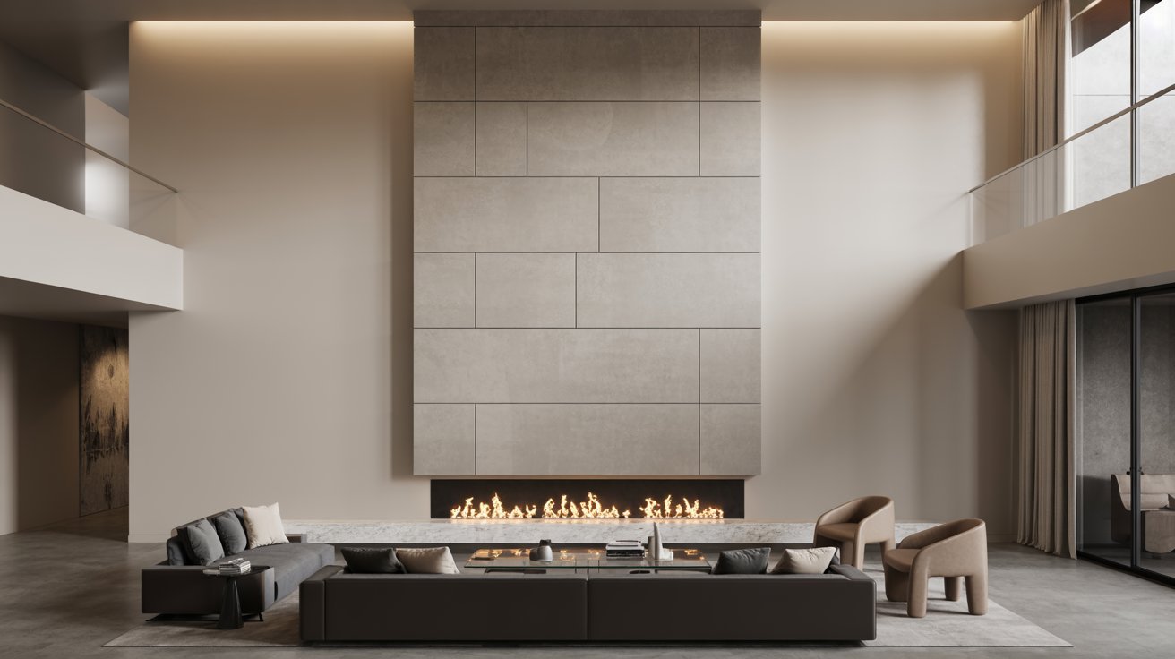 A modern living room featuring a sleek fireplace, stylish furniture, and contemporary decor elements.
