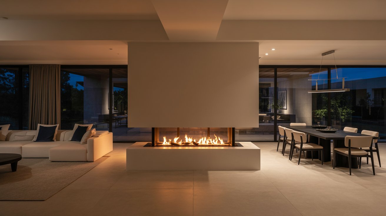 A contemporary living room featuring a stylish fireplace and modern furnishings, creating a cozy atmosphere.