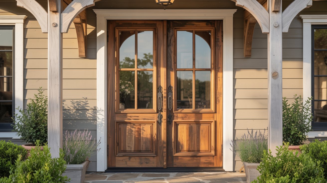 A wooden front door with a porch, showcasing a welcoming entrance to a home