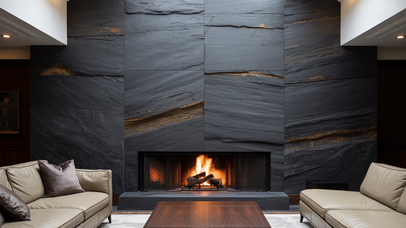 A cozy fireplace set against sleek black stone walls, creating a warm and inviting atmosphere in the room.