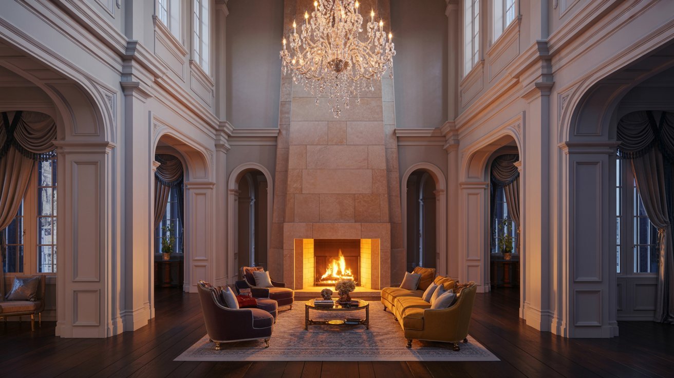 An expansive living room with a traditional fireplace and a decorative chandelier enhancing the ambiance.