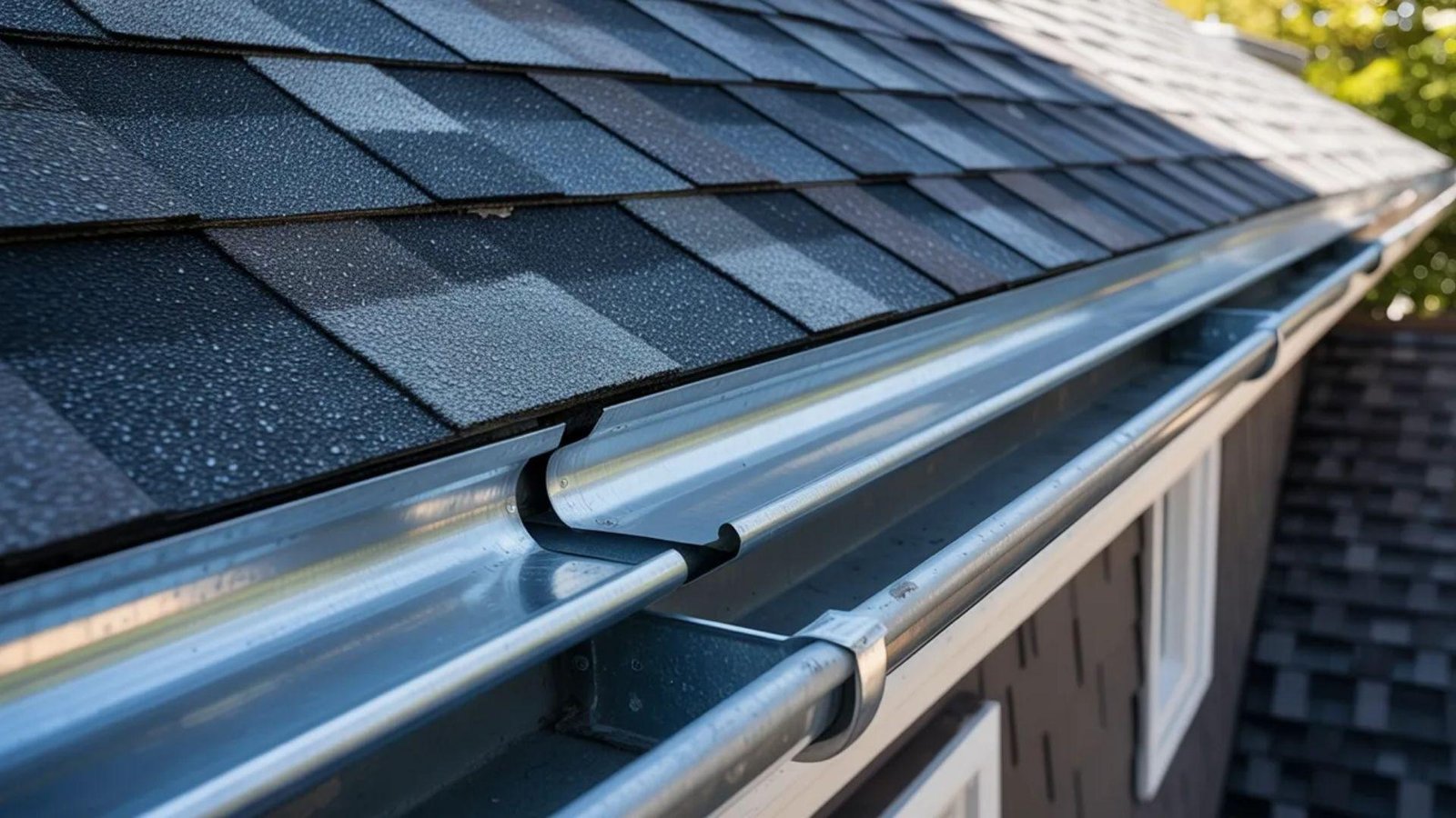 Close-up view of a roof gutter, showing its structure and connection to the roof, with water flowing through it.