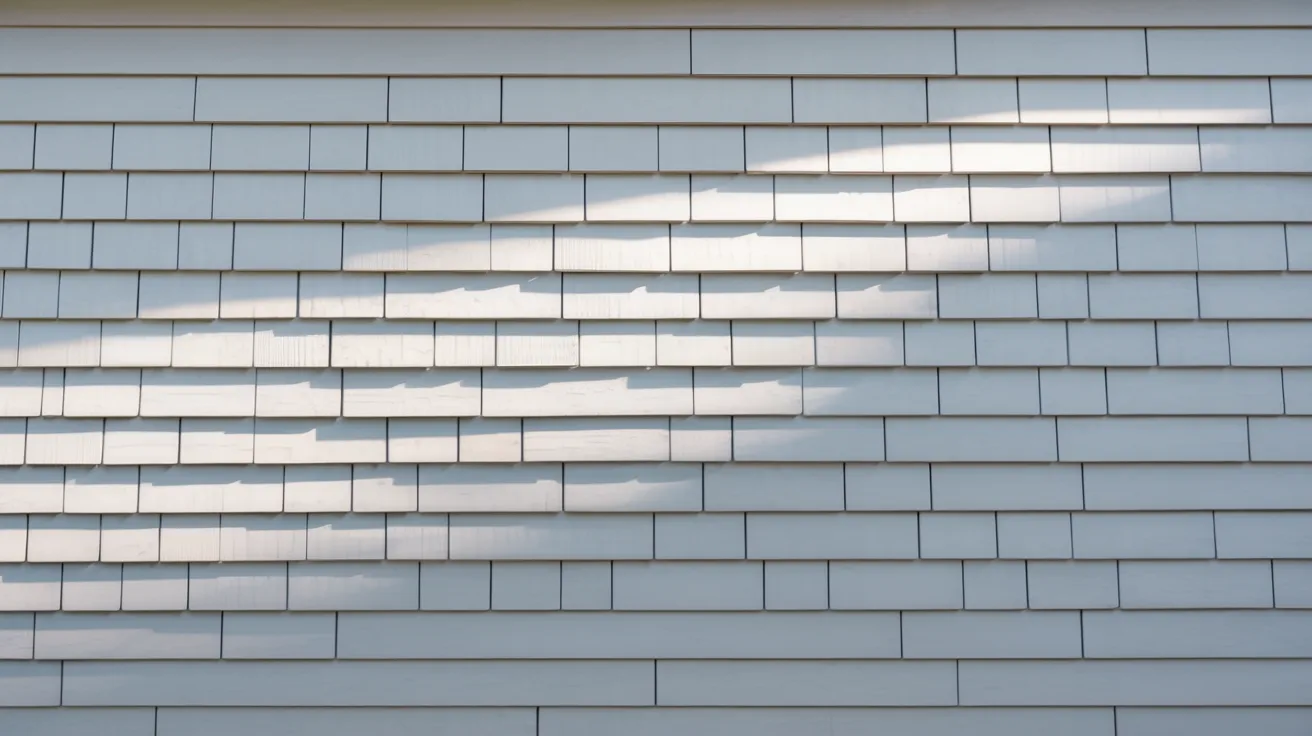 Patterned wall of horizontal light gray shingles with soft, angled sunlight creating contrasting shadows and highlights. Calm and orderly atmosphere.