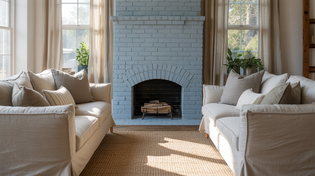 A cozy living room featuring a blue brick fireplace as the focal point, surrounded by comfortable seating and decor.