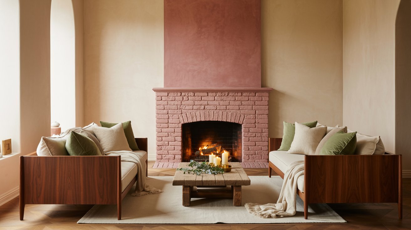 A cozy living room featuring a pink brick fireplace as the focal point, surrounded by comfortable seating and decor.