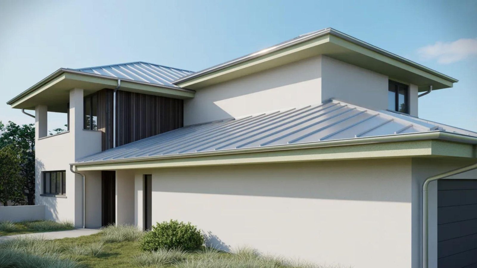 A contemporary house featuring a sleek metal roof, showcasing modern architectural design.