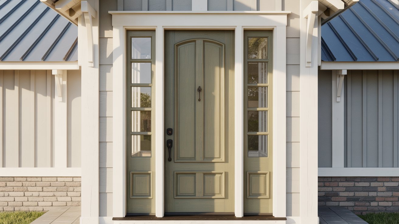 A front door featuring a green door beneath a white roof, showcasing a welcoming entrance to a home.