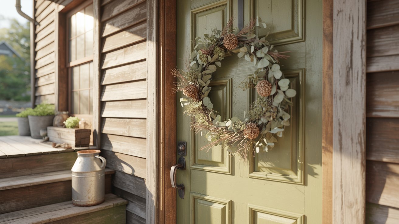 A charming green door with a beautifully arranged wreath, adding character.