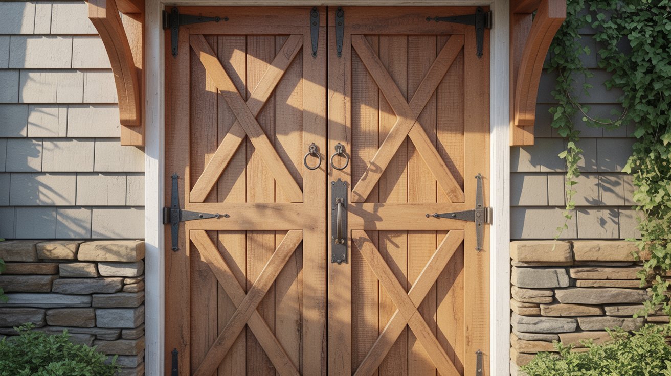 A wooden door set within a rustic stone archway, showcasing a blend of natural materials and architectural design.