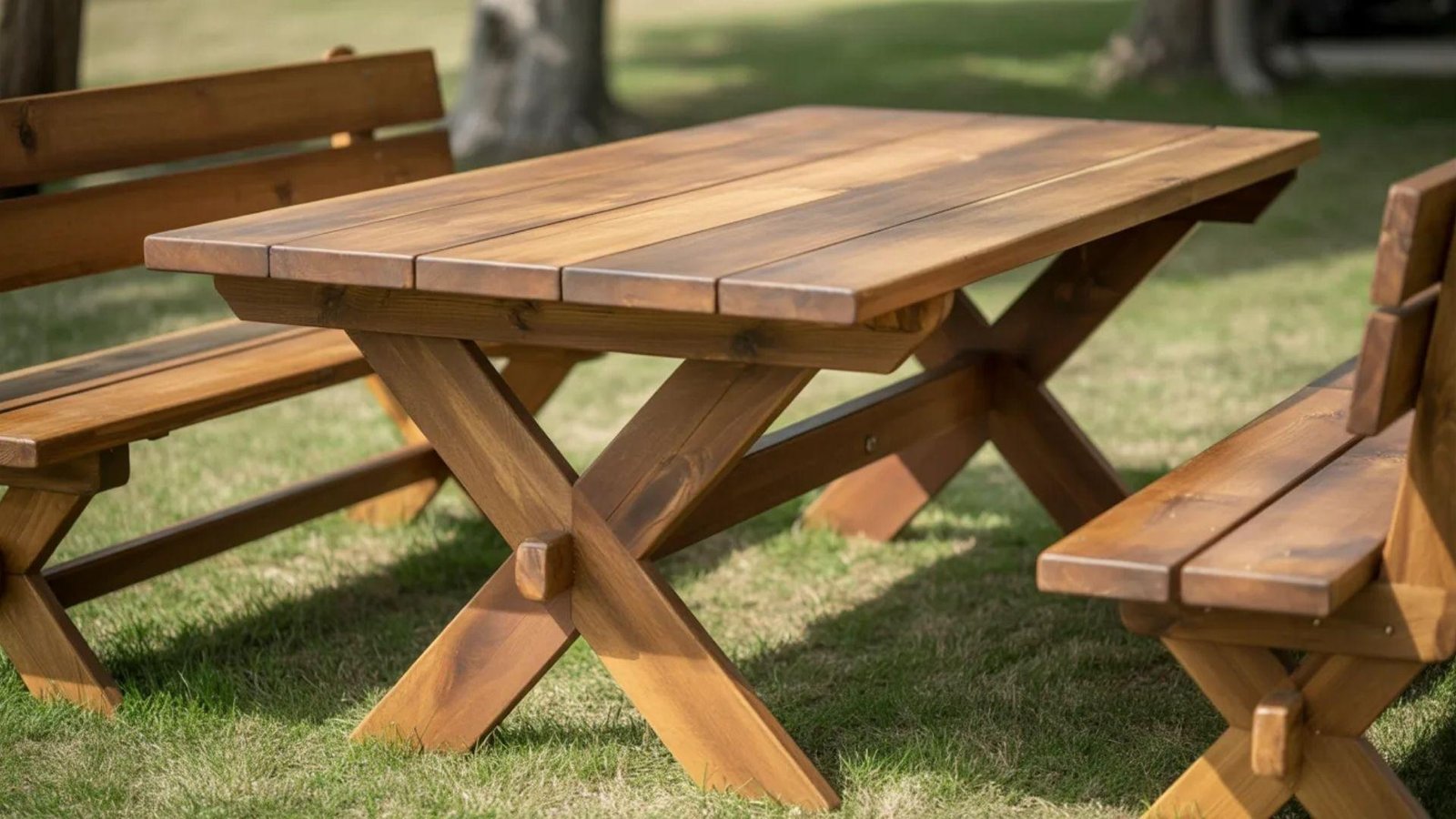 A rustic wooden picnic table accompanied by two benches in a natural setting.