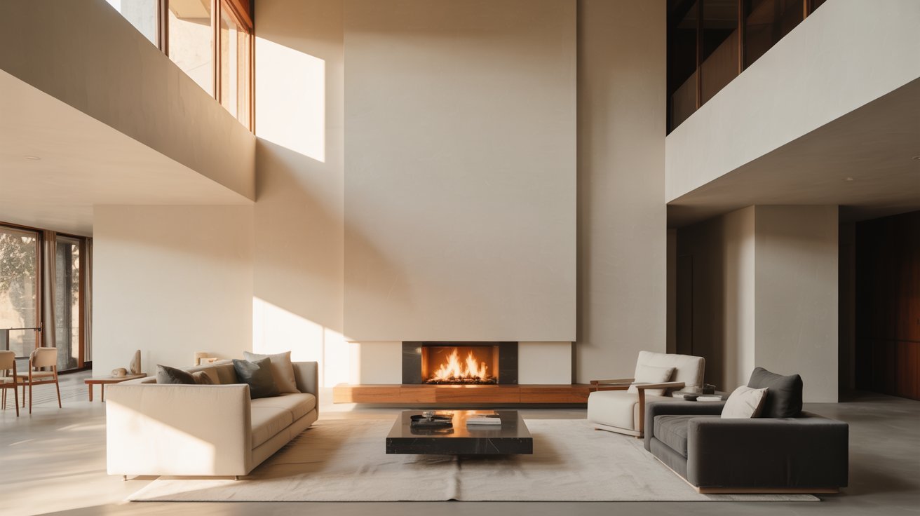 A modern living room featuring a cozy fireplace and large windows that allow natural light to fill the space.