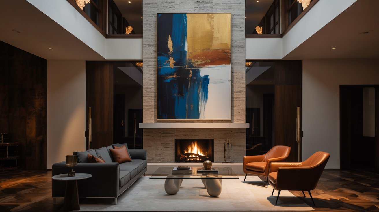 A modern living room featuring a cozy fireplace and an elegant painting on the wall.