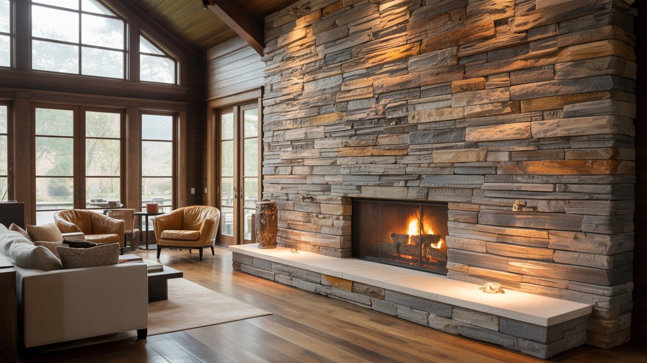 A large stone fireplace serves as a focal point in a cozy living room, surrounded by comfortable seating.