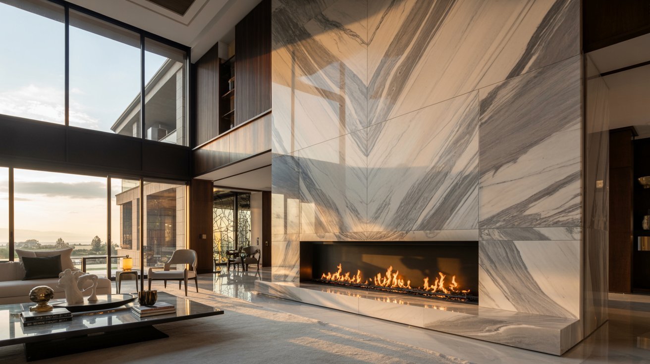 A modern living room featuring a cozy fireplace and large windows allowing natural light to fill the space.