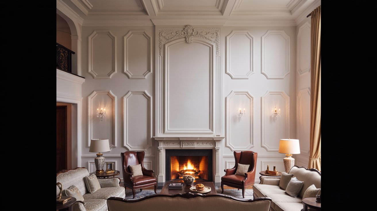 A warm living room scene with a fireplace and two inviting chairs positioned nearby.