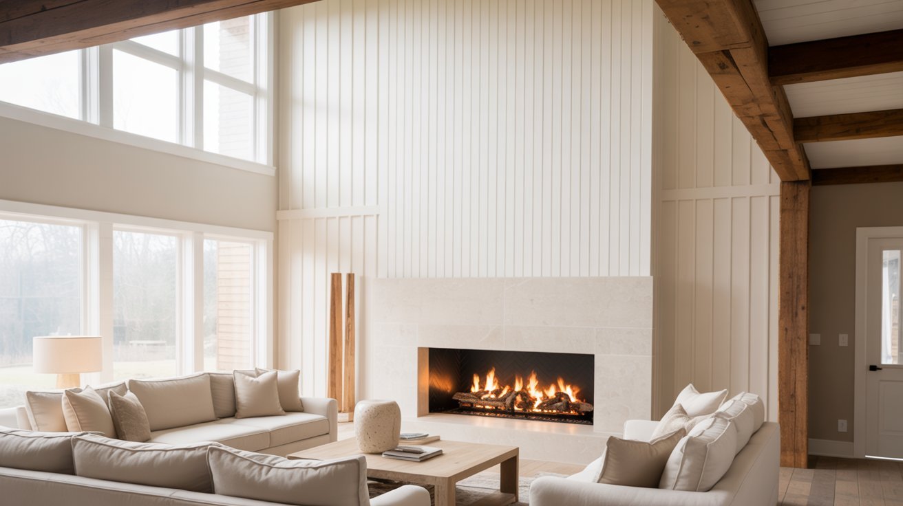 A cozy living room featuring a fireplace, two comfortable couches, and warm lighting for a welcoming atmosphere.