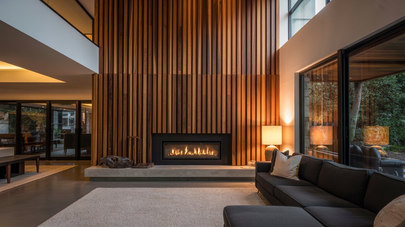 Chic living room design showcasing a fireplace and warm wood paneling accents.