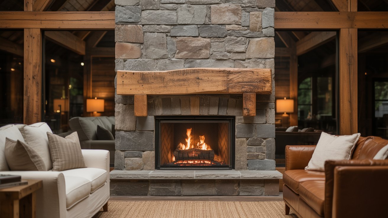 A cozy fireplace in a living room, surrounded by rustic stone walls, creating a warm and inviting atmosphere.